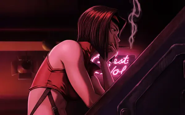Faye Valentine (Cowboy Bebop) — anime waifu leaning on a neon-lit counter, smoking; moody 5K Ultra HD PC desktop wallpaper.