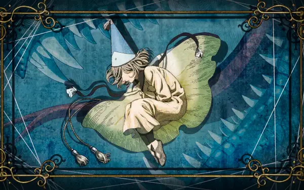Witch Hat Atelier's Coco in an anime fantasy scene, perched on a giant leaf with a small dragon and ornate frame — 5K Ultra HD PC desktop wallpaper background.