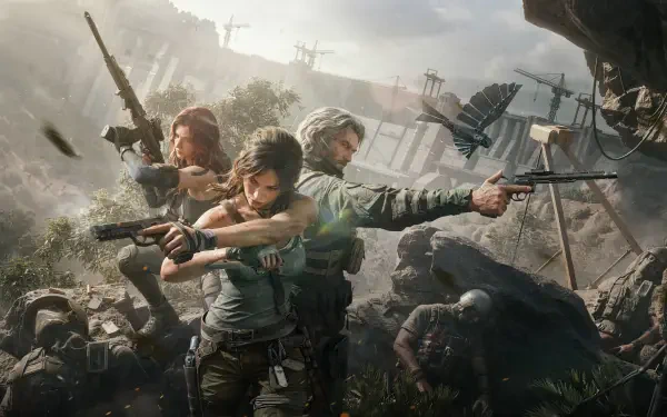 Tomb Raider 4K Ultra HD PC desktop wallpaper: Lara Croft and two allies stand back-to-back with guns amid crumbling ruins and smoke, cinematic lighting and intense action.