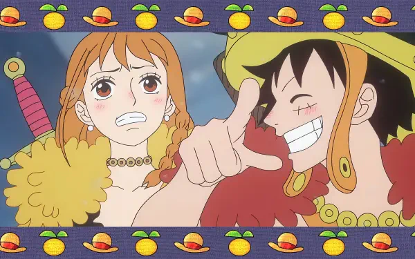 4K Ultra HD One Piece anime desktop wallpaper: Nami looking exasperated beside grinning, pointing Monkey D. Luffy, framed by a repeating straw hat and orange motif border.