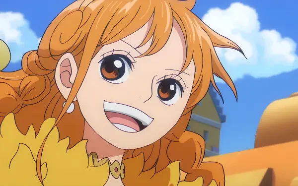 Anime One Piece — Nami smiling against a bright blue sky, vibrant colors and 4K Ultra HD detail as a PC desktop wallpaper/background.