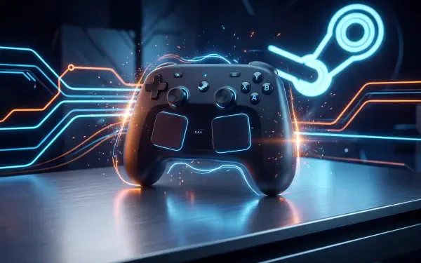 5K Ultra HD PC desktop wallpaper showing a Steam controller on a reflective desk, bathed in neon blue and orange circuit lines and subtle sparks.