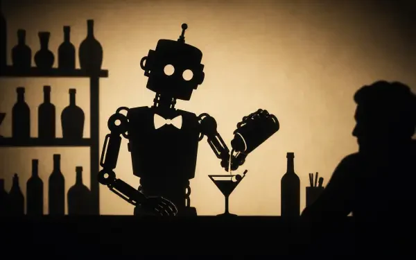 Silhouetted robot bartender in a bow tie shakes a cocktail behind a bar while a patron watches; 4K Ultra HD PC desktop wallpaper and background.