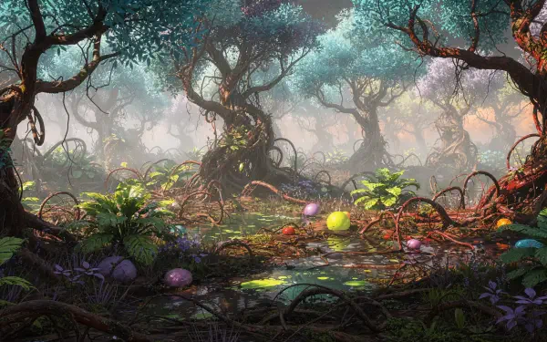 Enchanted misty forest with twisted trees, glowing mushrooms and vibrant foliage — 4K Ultra HD PC Desktop Wallpaper and Background.