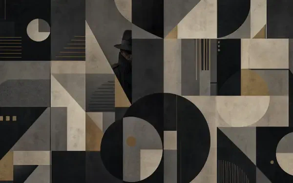 Abstract geometric 4K Ultra HD PC desktop wallpaper showing a shadowy spy silhouette concealed within black, gray and beige shapes and patterns.