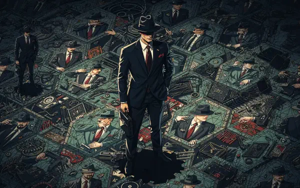 Secret Agent: fedora-clad operative towers over duplicate suited agents atop a collage of currency — 4K Ultra HD PC desktop wallpaper and background.