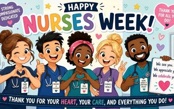 4K Ultra HD PC desktop wallpaper: colorful cartoon nurses celebrate Nurses Week with smiles, hearts, thank-you signs and a bold Happy Nurses Week! banner.