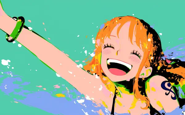 Colorful 2K Quad HD PC desktop wallpaper of Nami (One Piece): joyful anime portrait with outstretched arm, paint-splash effects and turquoise background.