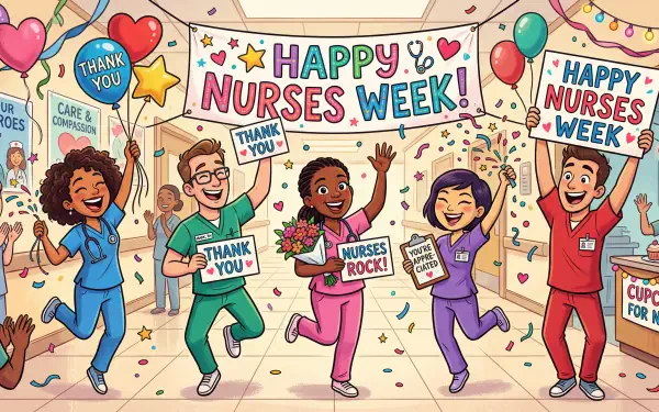 Colorful 5K Ultra HD PC desktop wallpaper: cartoon nurses of diverse backgrounds celebrating under a Happy Nurses Week! banner with balloons, confetti, and thank-you signs.