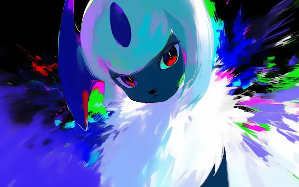 Dark anime-style Absol (Pokémon) portrait with neon paint splashes and glowing red eyes — 2K Quad HD PC desktop wallpaper/background.