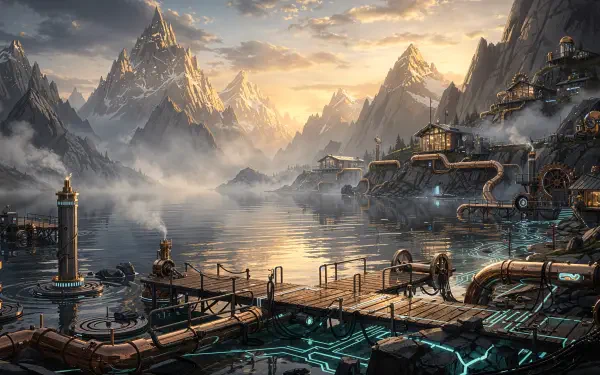 4K Ultra HD PC desktop wallpaper: a futuristic lakeside mountain village at sunrise, glowing circuits beneath wooden docks, steampunk pipes and lighthouses reflected in misty water.