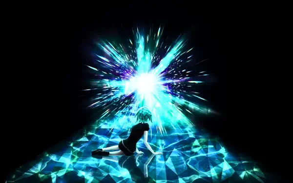 5K Ultra HD PC Desktop Wallpaper and Background: silhouetted figure kneels on crystalline floor facing a radiant blue-white energy burst.