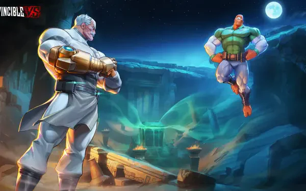 2K Quad HD PC wallpaper: Invincible VS video game scene showing Conquest and Allen (Invincible) facing off above a ruined canyon under moonlight.