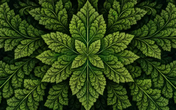 4K Ultra HD PC desktop wallpaper background featuring a symmetrical, detailed green leaf pattern forming a radial, fern-like mandala.