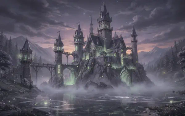 4K Ultra HD PC desktop wallpaper and background: brooding Gothic castle on mist-shrouded shores, towering spires reflected in black water beneath a stormy twilight sky.