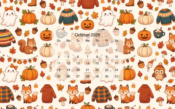 October 2026 calendar centered on a cute autumn pattern of pumpkins, jack-o'-lanterns, ghosts, foxes, squirrels, sweaters and acorns — 5K Ultra HD PC desktop wallpaper/background.