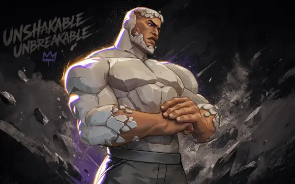 Titan (Invincible) 4K Ultra HD PC desktop wallpaper: towering stone-skinned hero with folded hands, gray beard, rubble and Unshakable Unbreakable text.