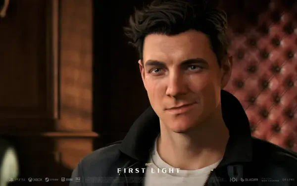 4K Ultra HD PC desktop wallpaper: close-up of a smirking male video game character from 007 First Light wearing a dark jacket against a tufted leather backdrop.