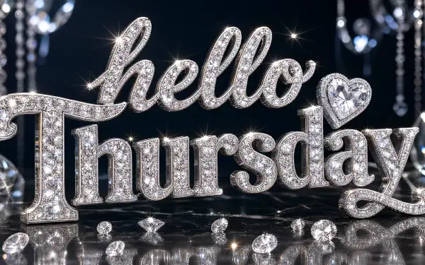 Gleaming jeweled hello Thursday text with dangling crystals and reflective highlights on a dark backdrop — 4K Ultra HD PC desktop wallpaper and background.