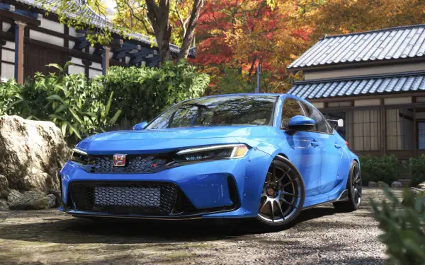 Forza Horizon 6 video game 4K Ultra HD PC desktop wallpaper: blue sports hatchback parked before a traditional Japanese house amid autumn foliage.