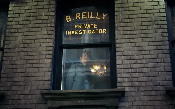 Spider-Man Noir (2026) TV show 2K Quad HD wallpaper: dim brick facade with a window reading B. Reilly Private Investigator and a shadowy figure standing behind the glass.