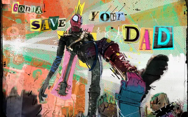 4K Ultra HD desktop wallpaper from the movie Spider-Man: Beyond the Spider-Verse — graffiti-style Spider-Man reaching out amid colorful comic-collage and 'SAVE YOUR DAD' cutout lettering