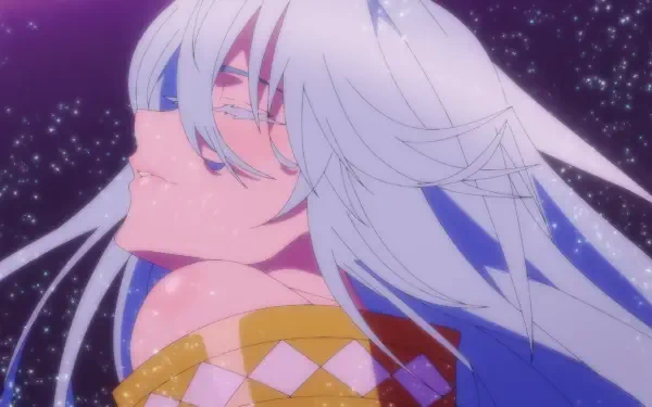 HD PC wallpaper of Elfaria Alvis Serholt from Wistoria: Wand and Sword — anime-style serene profile with flowing silver-blue hair, closed eyes, and a sparkling starfield background.