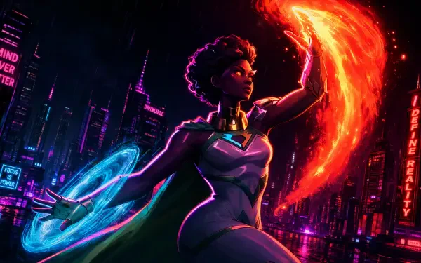 Ella Mental (Invincible) in a neon cyberpunk skyline, summoning a red plasma arc and a blue energy ring — vivid 4K Ultra HD PC desktop wallpaper and background.
