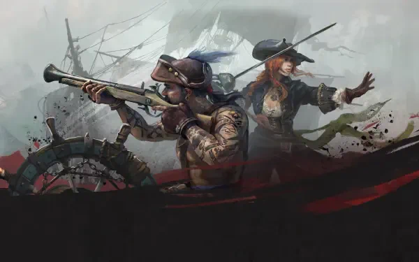 Windrose video game 4K Ultra HD PC desktop wallpaper: two steampunk swashbucklers - one aiming a blunderbuss, the other brandishing a pistol - stand before a stormy sea and ship's wheel.