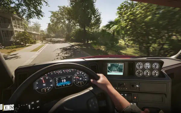 Road Kings video game 4K Ultra HD PC desktop wallpaper and background: first-person truck cockpit view down a sunlit suburban street, detailed dashboard, gauges and steering wheel in foreground.