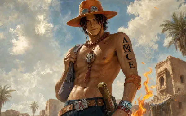 Portgas D. Ace stands shirtless in sunlit desert ruins, flaming arm, signature hat and beads — 4K Ultra HD PC desktop wallpaper background.