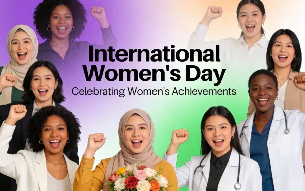 International Women's Day 4K Ultra HD PC desktop wallpaper: diverse women in professional and cultural attire raise fists in celebration against a colorful gradient backdrop with event text.