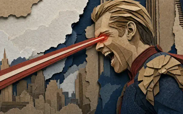 Homelander unleashing red heat vision over a stylized cityscape in textured paper-art style — The Boys (2019) 4K Ultra HD PC Desktop Wallpaper and Background