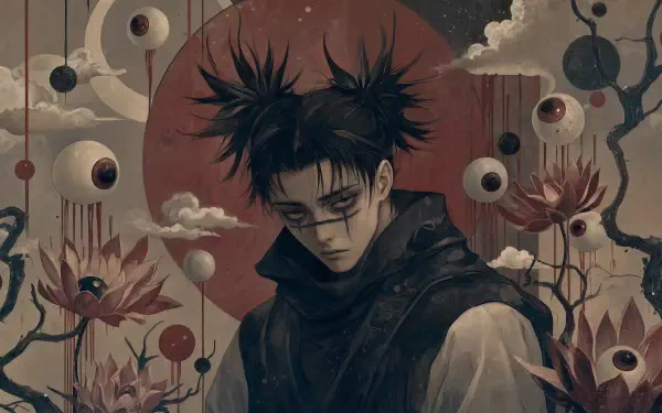 Choso (Jujutsu Kaisen) 4K Ultra HD desktop wallpaper: brooding Choso with spiky hair and dark cloak against a red moon, floating eyes and lotus flowers in a surreal, moody background.