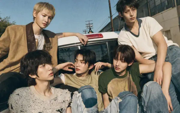 Cortis-tagged 4K Ultra HD PC desktop wallpaper: five young men lounging on a pickup truck under a clear sky, relaxed poses and casual summer clothing.