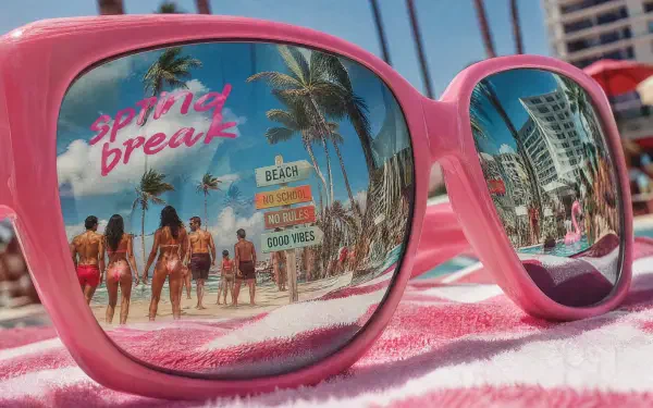 4K Ultra HD PC desktop wallpaper and background: pink sunglasses on a towel reflecting a lively spring break beach with palm trees, signs and sunlit crowds.