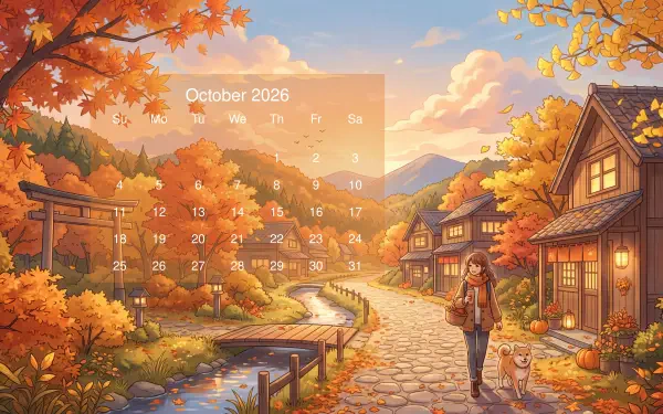 October 2026 calendar on a 5K Ultra HD PC desktop wallpaper and background: autumn village street with golden trees, river and torii gate, person walking with a dog by lantern-lit houses.
