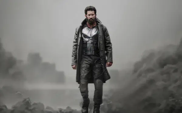 The Punisher: One Last Kill — bearded vigilante in skull chest armor and long coat walks through foggy, ruined city. 5K Ultra HD PC desktop wallpaper and background.