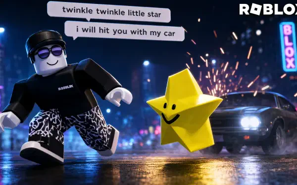 Roblox 4K Ultra HD PC desktop wallpaper and background showing a Roblox avatar running beside a smiling yellow star on a wet neon-lit city street with a car and sparks.
