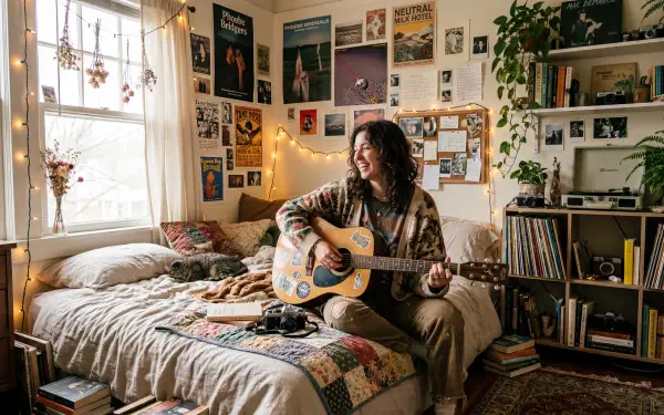 Indie aesthetic 5K Ultra HD PC desktop wallpaper and background: sunlit cozy bedroom with a person playing an acoustic guitar on a patchwork bed, surrounded by posters, string lights, plants and vinyl.