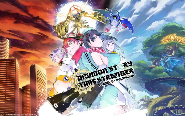 2K Quad HD PC desktop wallpaper for the video game Digimon Story: Time Stranger, depicting the main human characters and Digimon against a split city and nature backdrop.