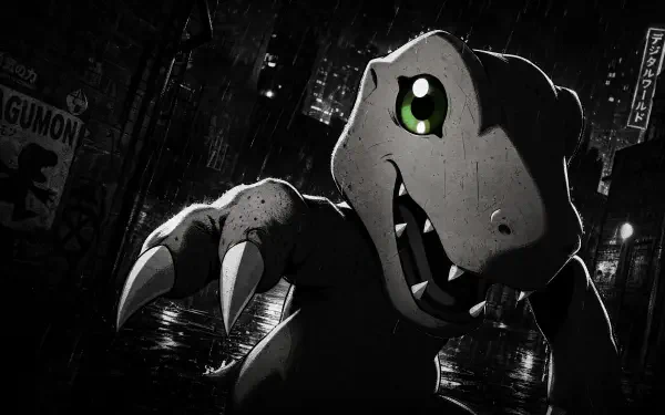 Agumon close-up in a gritty black-and-white city night, glowing green eye and sharp claws — 4K Ultra HD PC desktop wallpaper/background.