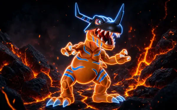 4K Ultra HD PC desktop wallpaper of Greymon (Digimon) roaring amid glowing blue markings and molten lava on a cracked volcanic landscape.
