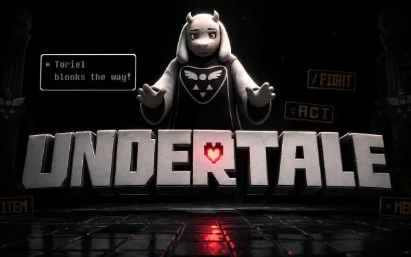 Undertale 4K Ultra HD PC desktop wallpaper and background: Toriel looming over a giant UNDERTALE logo with a glowing red heart, dark reflective floor and HUD reading Toriel blocks the way!