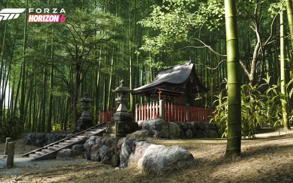 Forza Horizon 6 video game 4K Ultra HD PC desktop wallpaper: sunlit bamboo forest with a traditional Japanese shrine, stone lanterns and mossy rocks in a photorealistic racing-game scene.