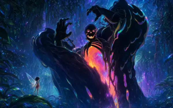 Ferngully: The Last Rainforest 4K Ultra HD PC wallpaper — a tiny glowing fairy confronts a towering shadow monster with a molten glowing core amid a bioluminescent rainforest.