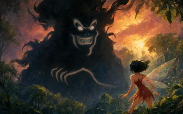 Ferngully: The Last Rainforest 4K Ultra HD PC desktop wallpaper and background — a small fairy faces a towering shadowy spirit beneath a fiery rainforest sky.
