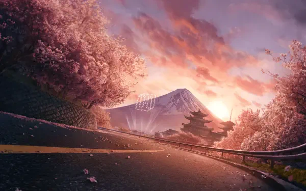 Forza Horizon 6 video game 5K Ultra HD PC wallpaper: winding mountain road with cherry blossoms, guardrail, traditional pagoda and snow-capped peak under a pink-orange sunset.