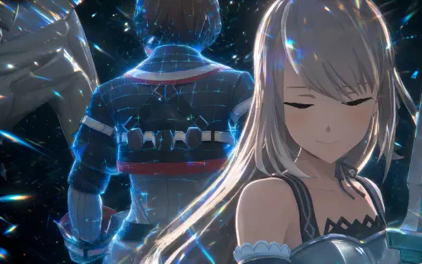 Echoes of Aincrad 4K Ultra HD PC desktop wallpaper: serene silver-haired female with eyes closed in foreground, armored figure facing away amid glowing blue particles and ethereal light.