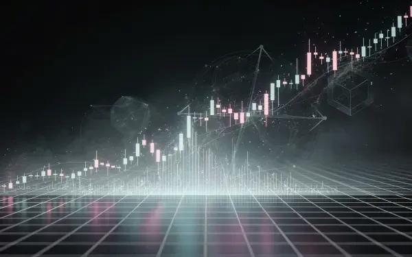 4K Ultra HD PC desktop wallpaper of a glowing stock market chart: candlesticks, rising line graph and illuminated grid reflected on a dark background.